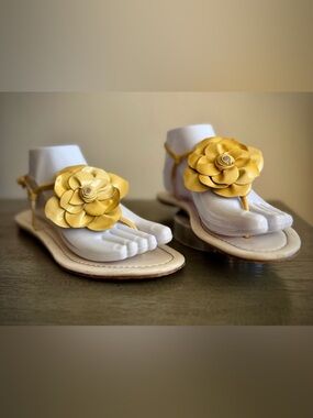 Prada Designer Leather Floral Flower Slingback Sandals Shoes Yellow 38